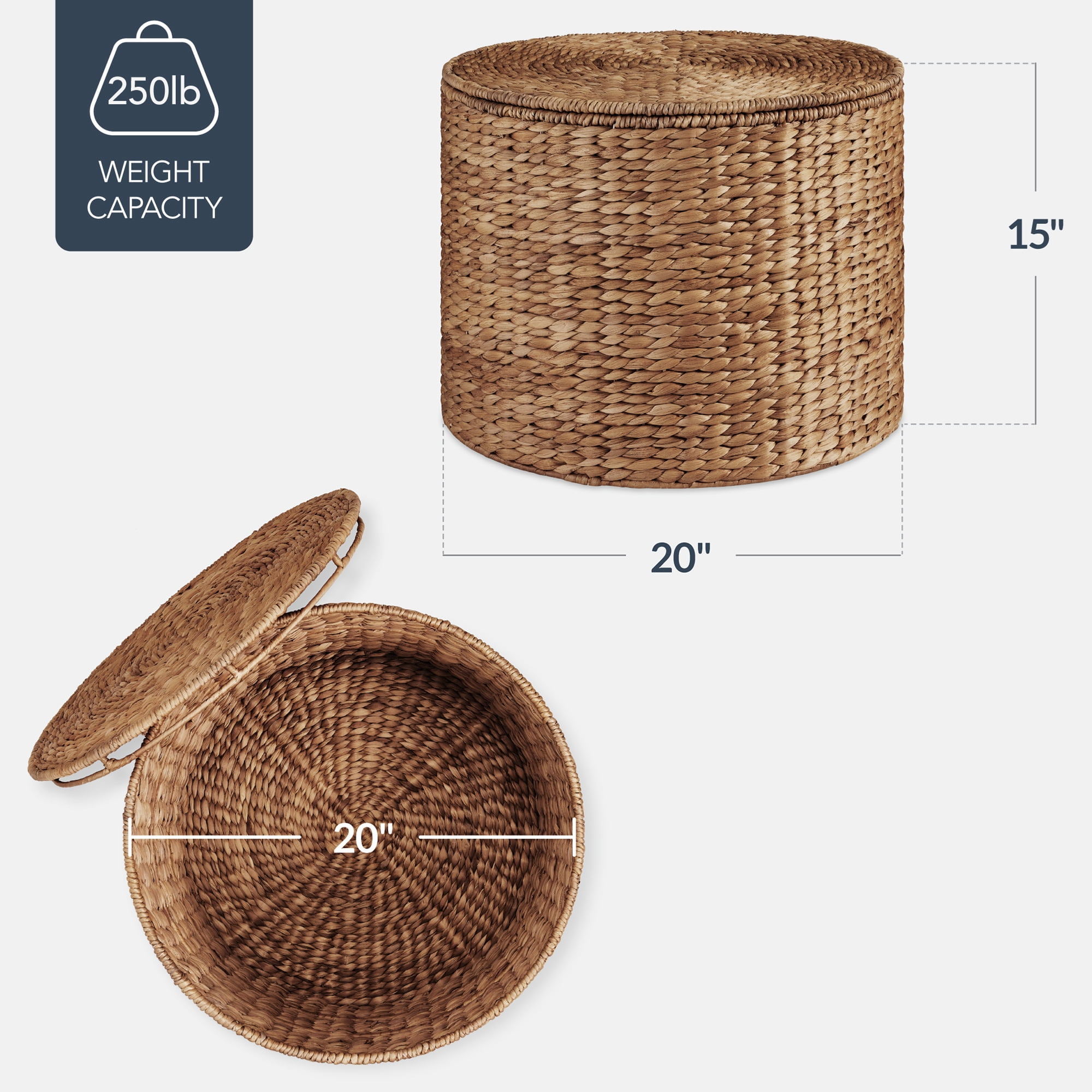 Best Choice Products Large Round Storage Ottoman W/ Lid, Handwoven Water Hyacinth Footstool - Chestnut