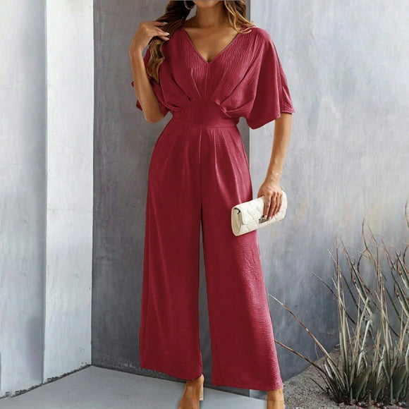 UANWENN Spring and Summer Women's Short Sleeved Solid Colored Stylish Casual Wide Legged Jumpsuit Elegant Jumpsuit for Women Evening Party Lack Jumpsuit Womens Jumpsuit Outfits Sexy Jean for Women