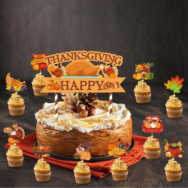 Décorations de l'Action de Grâce pour Table, Décorations de Fête de l'Action de Grâce, 25 Pcs Thème d'Automne Action de Grâce Papier de Cuisson Taille Drapeau Insert Ensemble de Décorations de Fête Fournitures, Décorations de Fête d'Automne