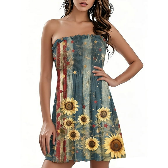 Patriotic Independence Day Bandeau Dress for Women, Festive Sleeveless Summer Dress with American Flag Print, Breathable Beachwear for Poolside Vacations,Black L