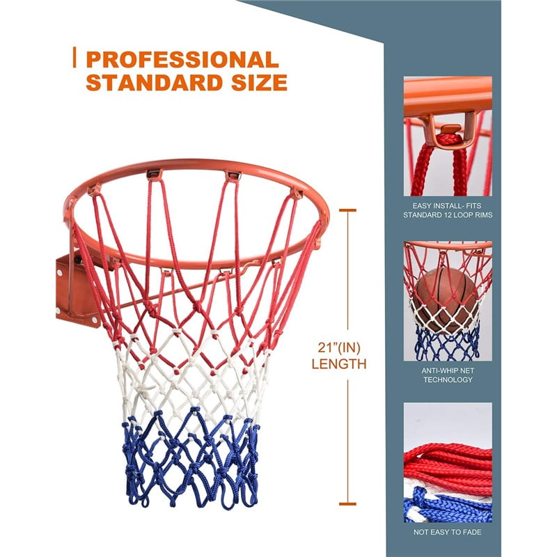 Replacement basketball net, thickened and durable, suitable for standard indoor and outdoor basketball hoops, all-weather whiplash protection - 12 rings