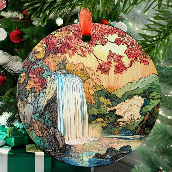 Waterfall Stained Glass SunCatcher Forest Landscape Light Catcher Window Hanging Home Decor Hokusai Ukiyo-e Style Japanese Waterfall, Stained Glass Ornament 2025, Holiday