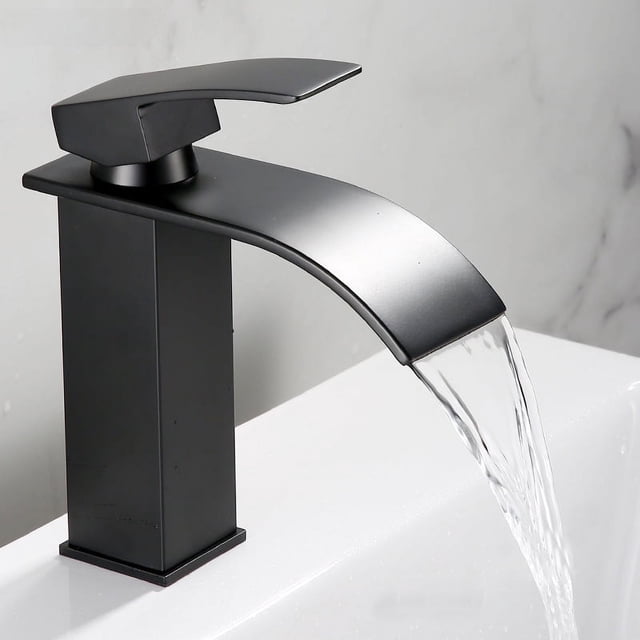 Grifo de lavabo negro con boca curva, salida en cascada, para agua caliente y fría, lavabo de mesa para inodoro, lavabo de hotel elevado