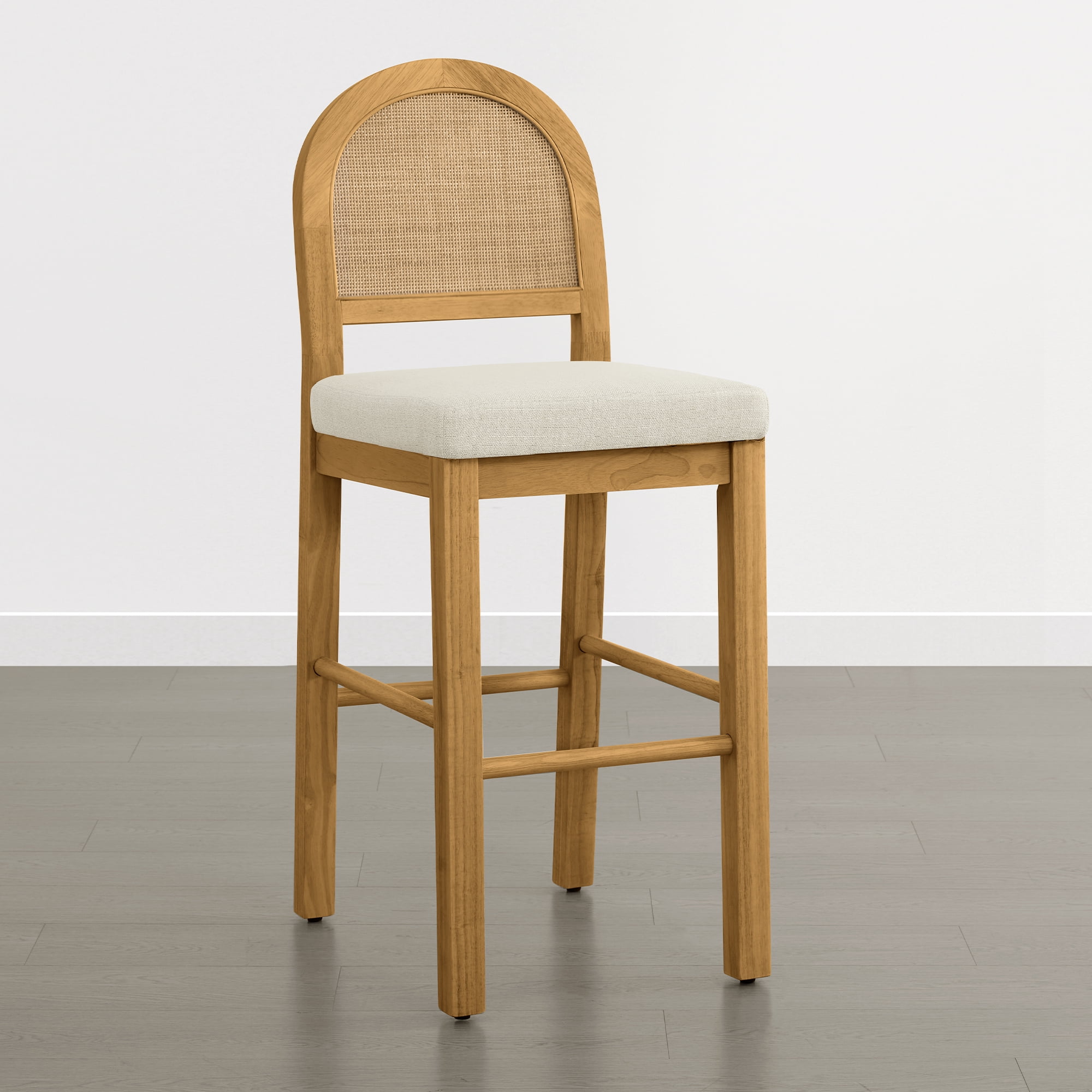 Spruce & Spring 30" Rattan Bar Height Bar Stools Set of 2 with Upholstered Seat, Walnut Wood Frame for Kitchen Island, Cream Fabric