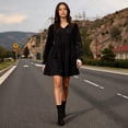 thumbnail image 2 of Lume Wear Women's 2026 Long Sleeve Corduroy Dress Above Knee A-Line V Neck Fall Winter Short Work Dress L&Black, 2 of 5