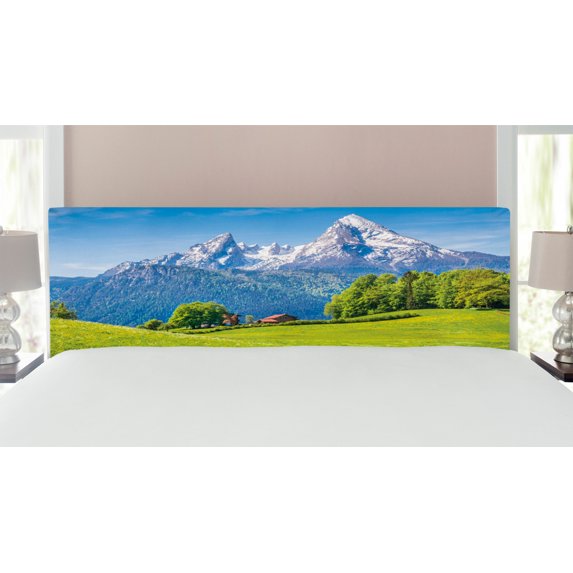 Europe Headboard, Blooming Flowers Snowcapped Mountain Tops in Background National Park Bavaria, Upholstered Decorative Metal Bed Headboard with Memory Foam, King Size, Green Sky Blue, by Ambesonne