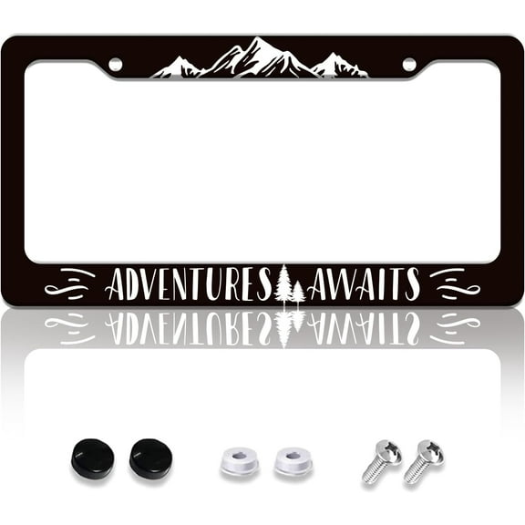 Personalise Adventure Awaits License Plate Frames Mountain Car Tag Cover Aluminum Auto License Plate Holder Including Screws License Plate Fits Standard US Vehicles Size for Men Women Colorful