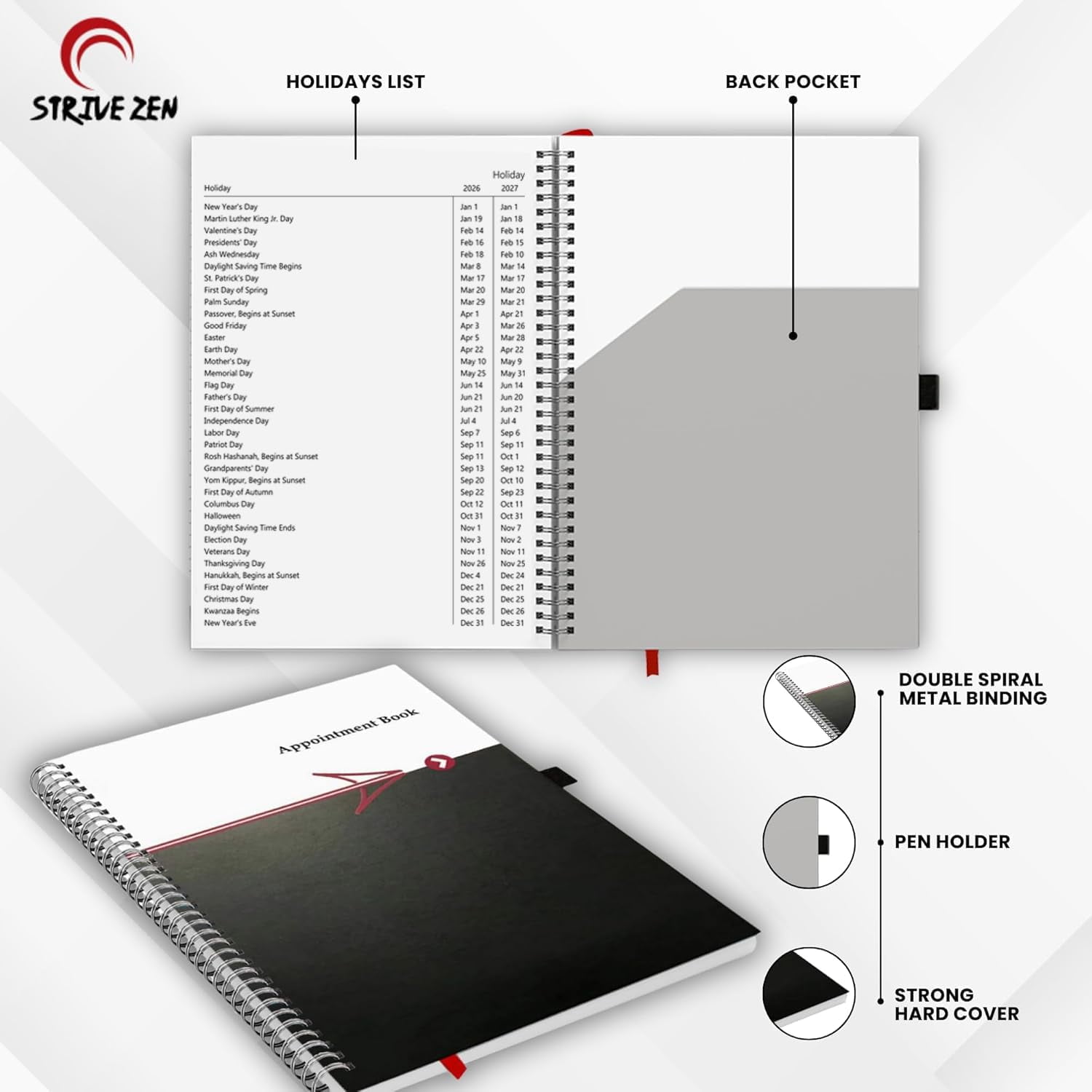 StriveZen Undated 2-Year Appointment Planner Book, Large 8" x 11" Hardcover Organizer with 4 Columns and 15-Minute Time Slots