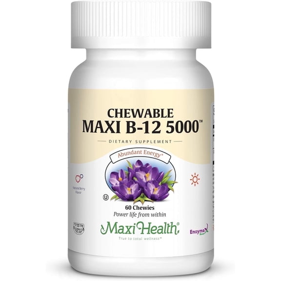Maxi Health Vitamin B-12 Supplement – 5000 mcg Chewable Tablets – Berry Flavor – Energy – 60 Count – Kosher