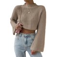 thumbnail image 2 of Wutalume Women's Solid Color Casual Bell Sleeve Knitted Short Sweater, Versatile Flared Sleeve Top, Lightweight Pullover for Transitional Seasons,Camel L, 2 of 8