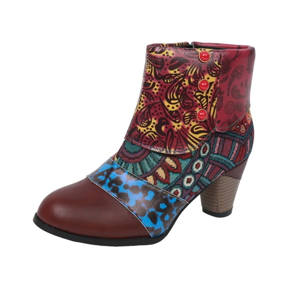 YLYL Womens Ankle Boots Floral Printed Patchwork Side Zipper Chunky Block Heel Vintage Short Booties