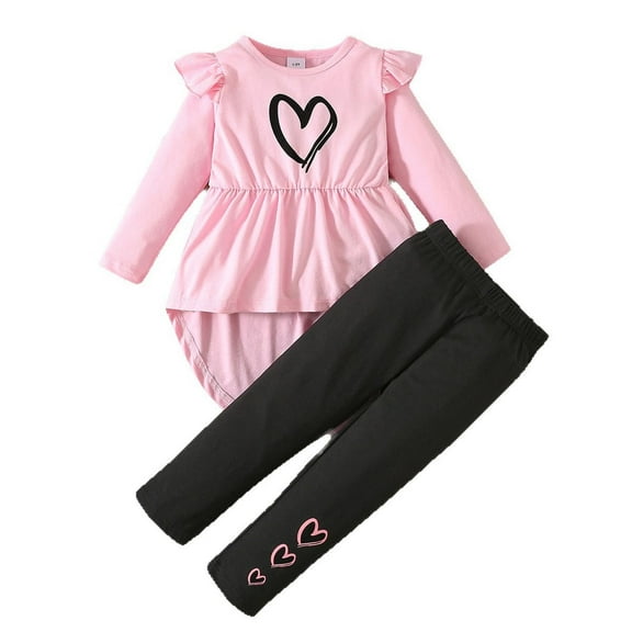Ruiwill Girl Outfit Set 2 Piece Set Long Sleeve Top Pants Casual Outfit With Heart Print Flutter Sleeve Peplum Tunic Leggings Toddler Kids Clothes Crew Neck Girl Clothes Red Size 1-2 Years