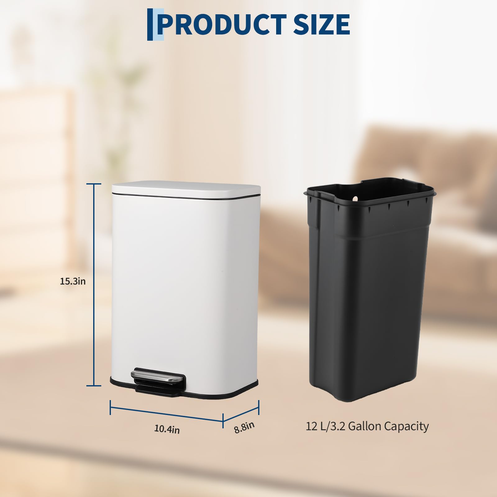 3.2 Gallon Stainless Steel Trash Can – Rectangular Garbage Bin with Soft-Close Lid, Foot Pedal, Removable Inner Bucket for Kitchen, Office, Restaurant - White