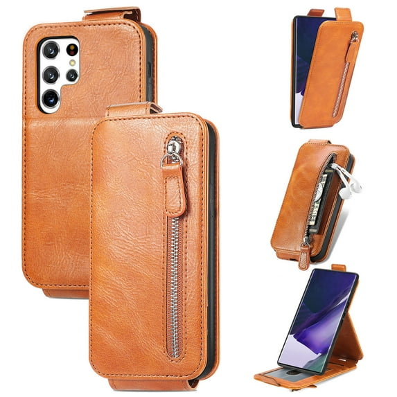 SaniMore for Samsung Galaxy S22 Ultra Magnetic Closure Top & Bottom Flip Wallet Case, Premium PU Leather Cover with Car Mount Card Slot & Adjustable Kickstand Full Body Protective Shell, Brown