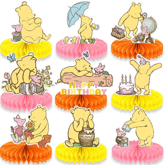 Winnie the Pooh Birthday Party Supplies, 9Pcs Honeycomb Centerpieces for Winnie Party Decorations, Double Sided Table Decorations Centerpieces Party