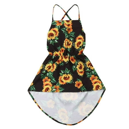 

Toddler Girl Summer Sleeveless Dress Sunflower Printed Backless Bandage Dress