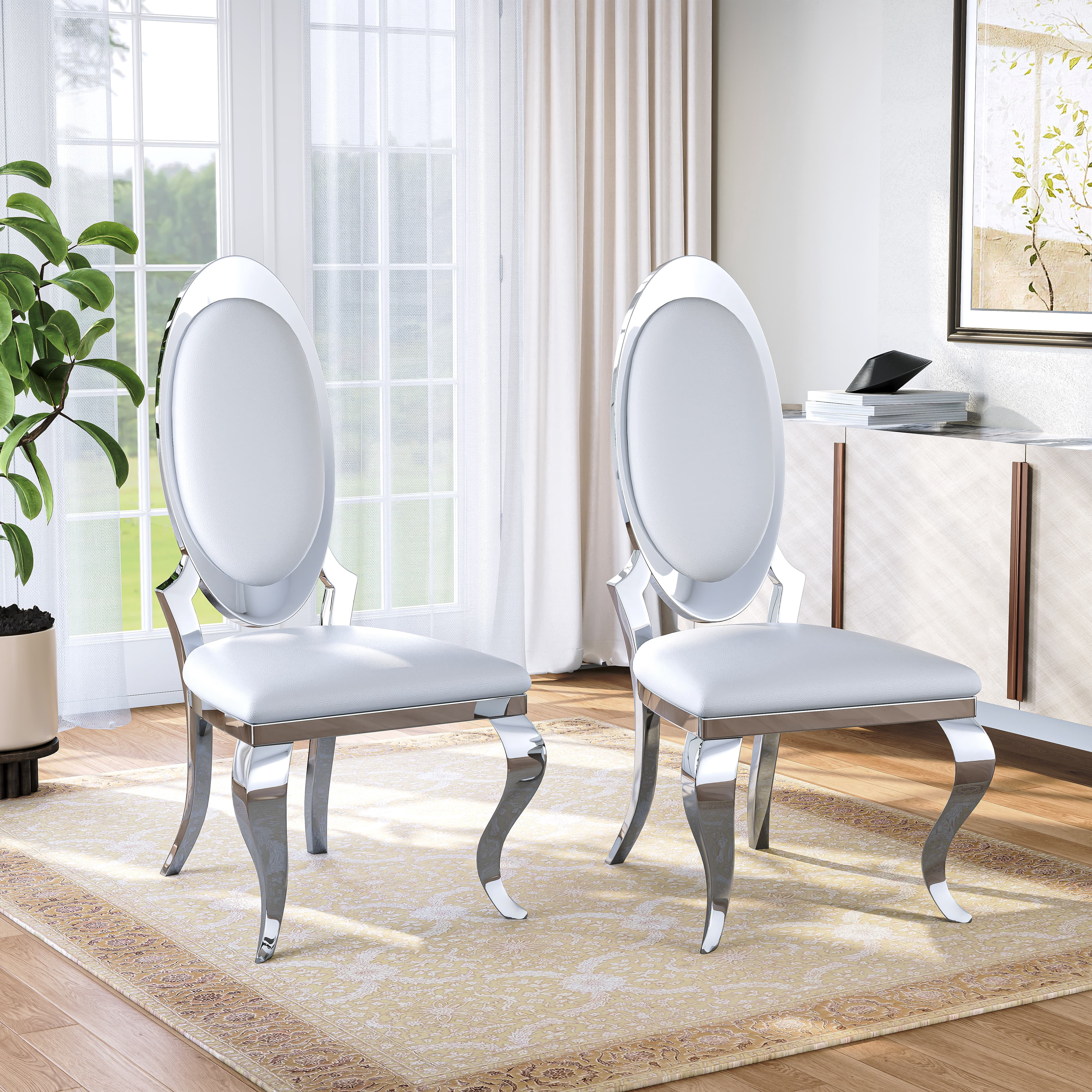 Luxury Dining Chairs Set of 4, Oval Back PU Upholstered Chairs with Stainless Steel Cabriole Legs, Dining Chairs for Kitchen, Living Room, Office