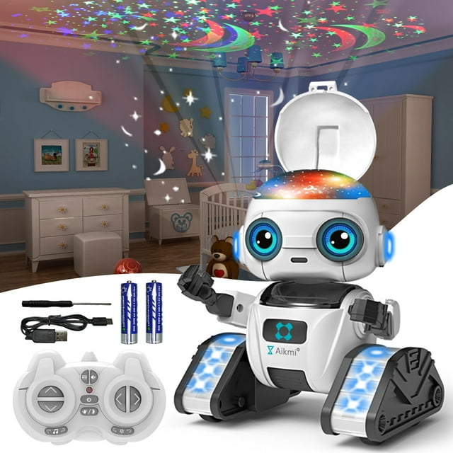 Robot de juguete Aikmi recargable con proyector de luz nocturna para niños