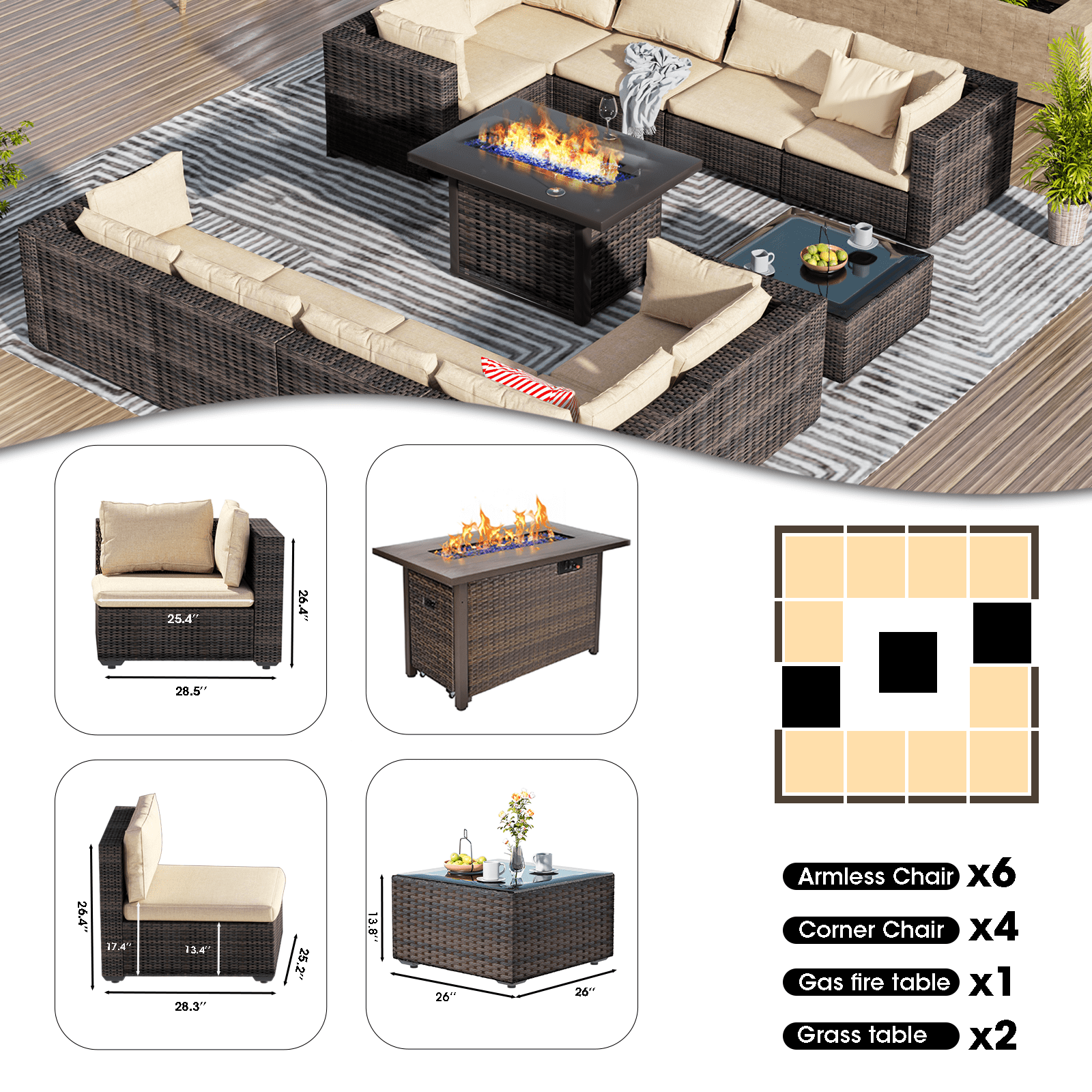 Grezone Patio Furniture Sets 13 Piece Outdoor Conversation Sets with Steel Tube, Weather-Resistant, Black