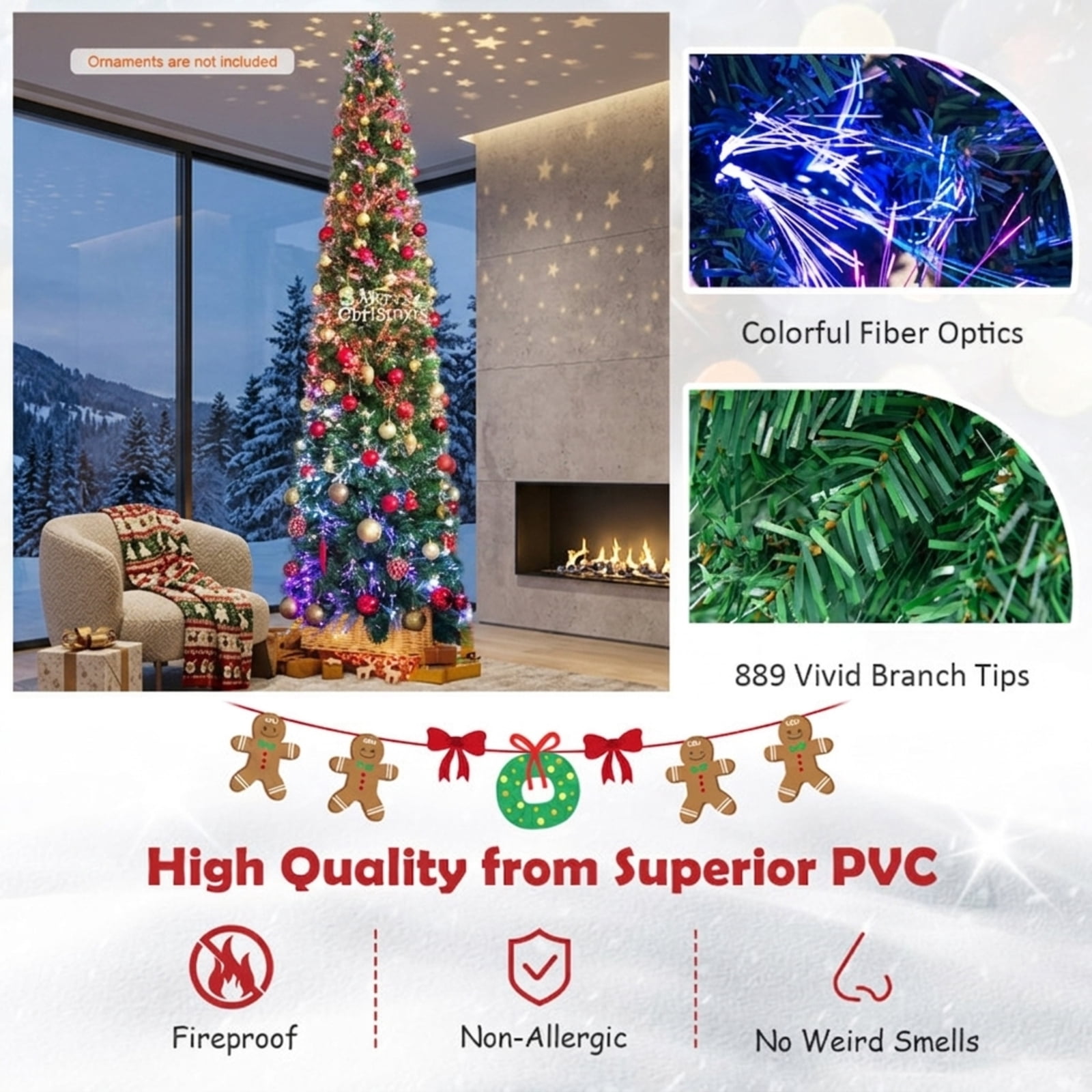RUIE 8 ft Pre-Lit Pencil Christmas Tree, Slim Green Artificial Xmas Tree with Fiber Optic Lights and 889 Branch Tips for Corners