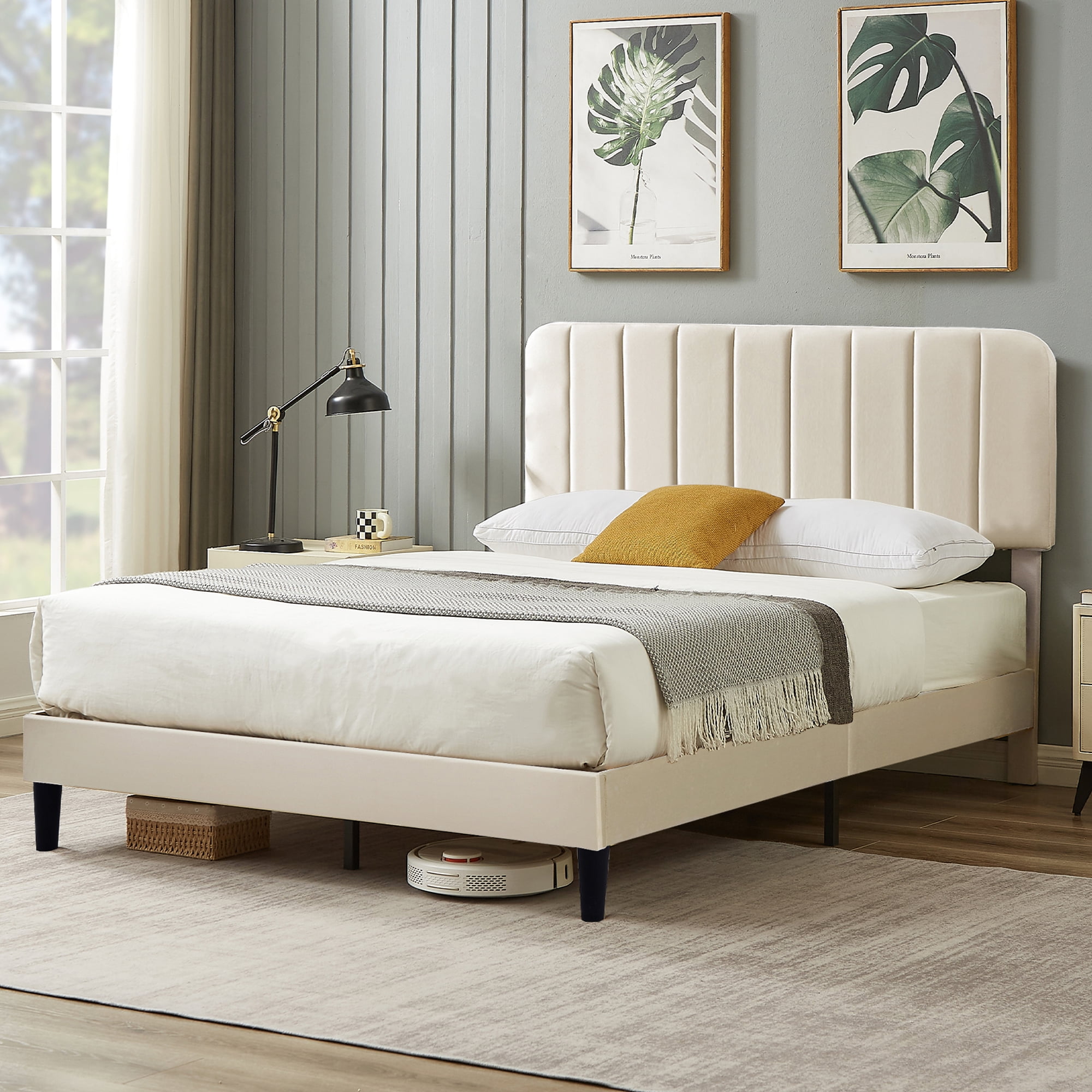 Taomika, Queen Size Upholstered Platform Bed Frame with Adjustable Headboard-Beige
