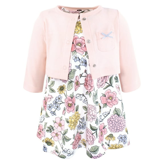 Hudson Baby Infant and Toddler Girls Cotton Dress and Cardigan Set, Vintage Blossom, 0-3 Months