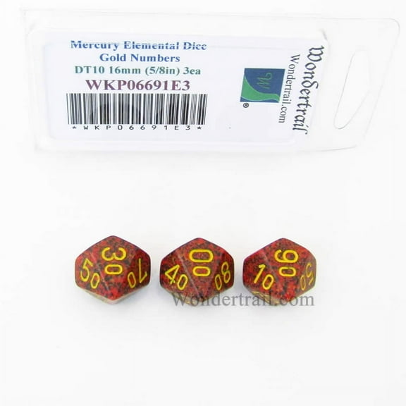 Mercury Elemental Dice with Gold Numbers DT10 16mm (5/8in) Pack of 3 Wondertrail