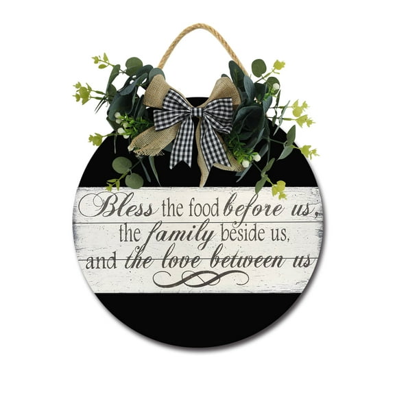 Bless The Food Before Us Dining Sign for Front Door Hanging Seasons Sign Outdoor Rustic Round Wood Wreaths Wall Decor Farmhouse Porch Wreaths Decorations Housewarming Gift