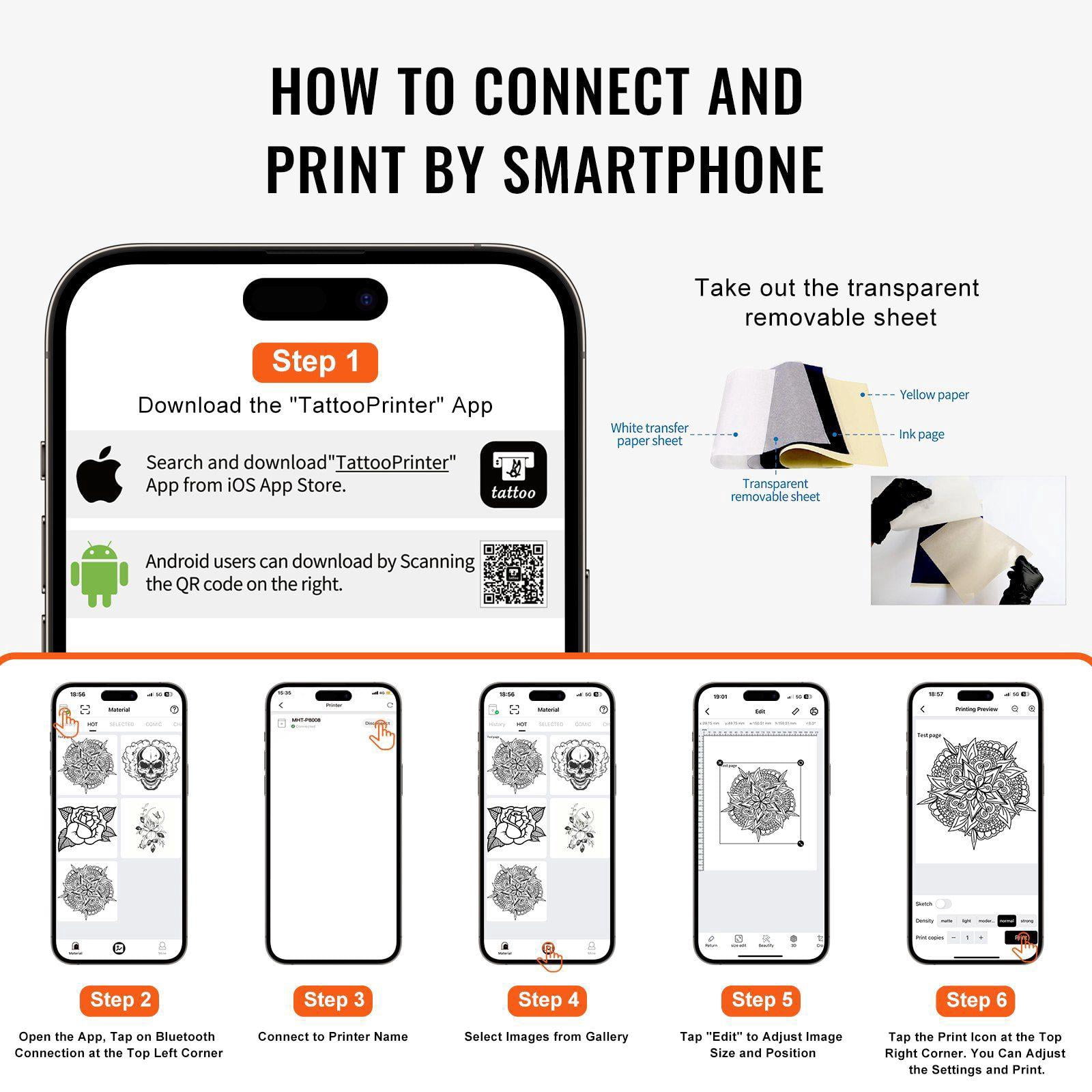 Wireless Bluetooth Tattoo Stencil Printer Machine with 10 Transfer Papers Compatible for iOS Android Phone iPad PC Includes Storage Bag