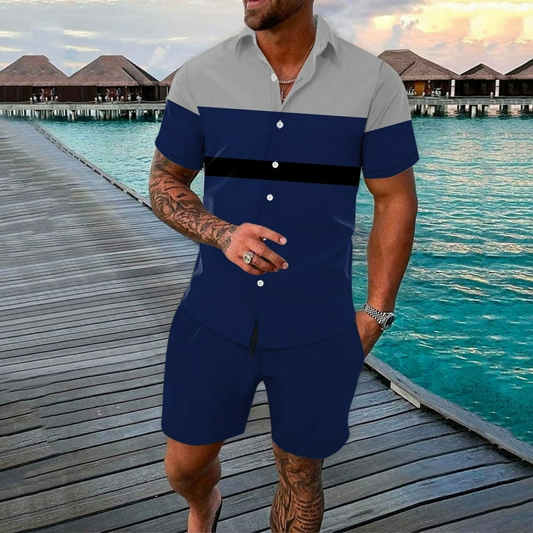 Rrunsv Men Short Sets Outfits Men s Short Sets Outfits 2 Piece Summer Shirt and Shorts Set Casual Sport Suit Navy XXL