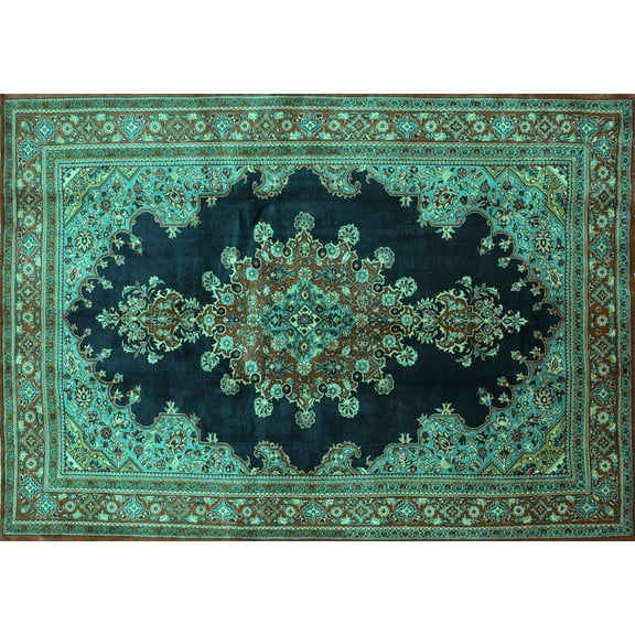 Ahgly Company Machine Washable Indoor Rectangle Medallion Turquoise Blue Traditional Area Rugs, 5' x 7'