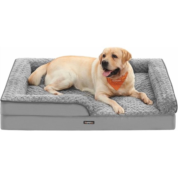 FEANDREA Cama para Perros, Cama para Mascotas, 91 x 68 x 16 cm, Ortopédica con Espuma Corrugada, Funda Extraíble con Motivo Rosa de Peluche, Bordes Elevados Acolchados, Gris Paloma
