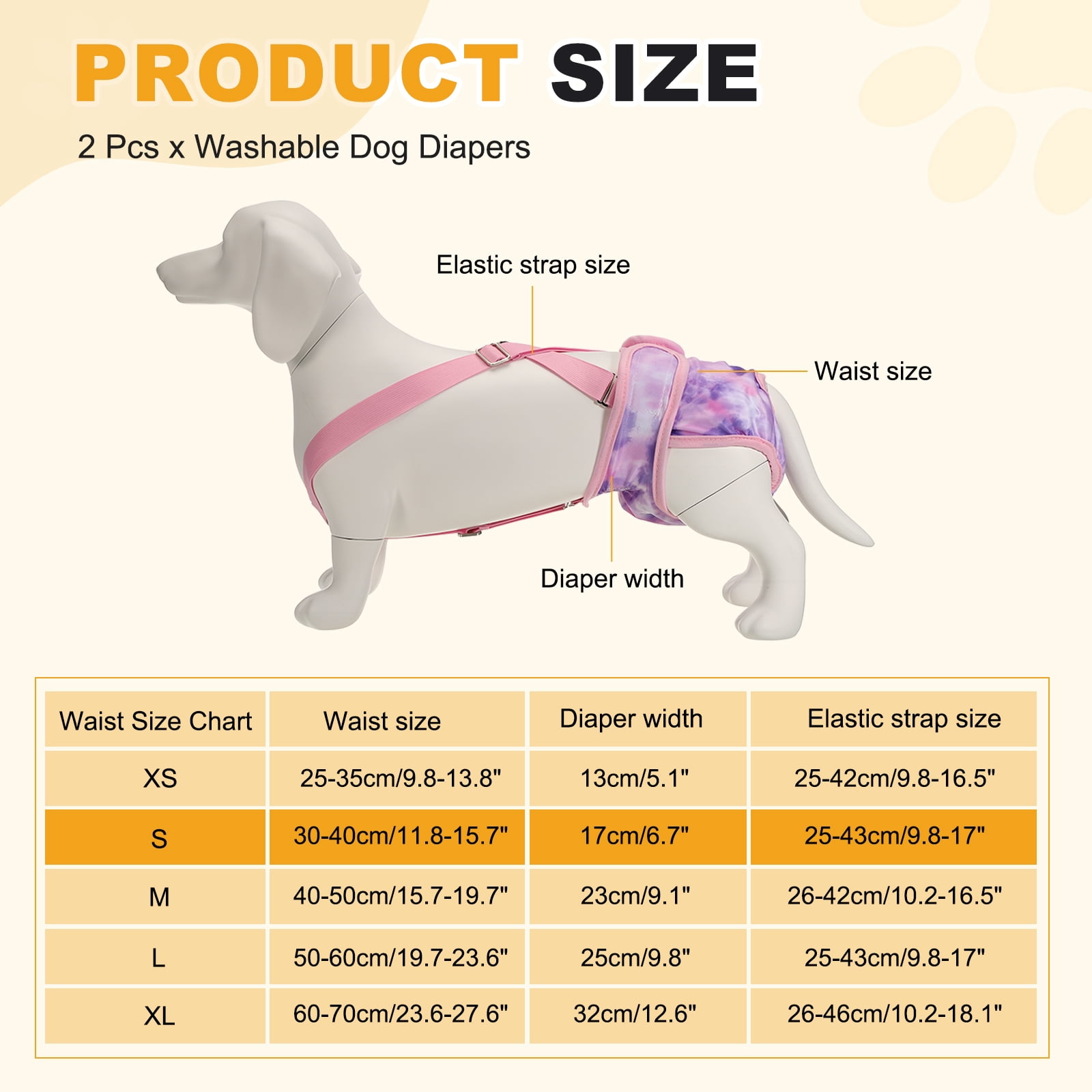 Washable Female Dog Diapers with Suspender, Reusable Dog Diapers Absorbent Leakproof(Tie-Dye Orange Yellow/Tie-Dye Purple S, 2Pcs), Intended for Female in Heat Cycle