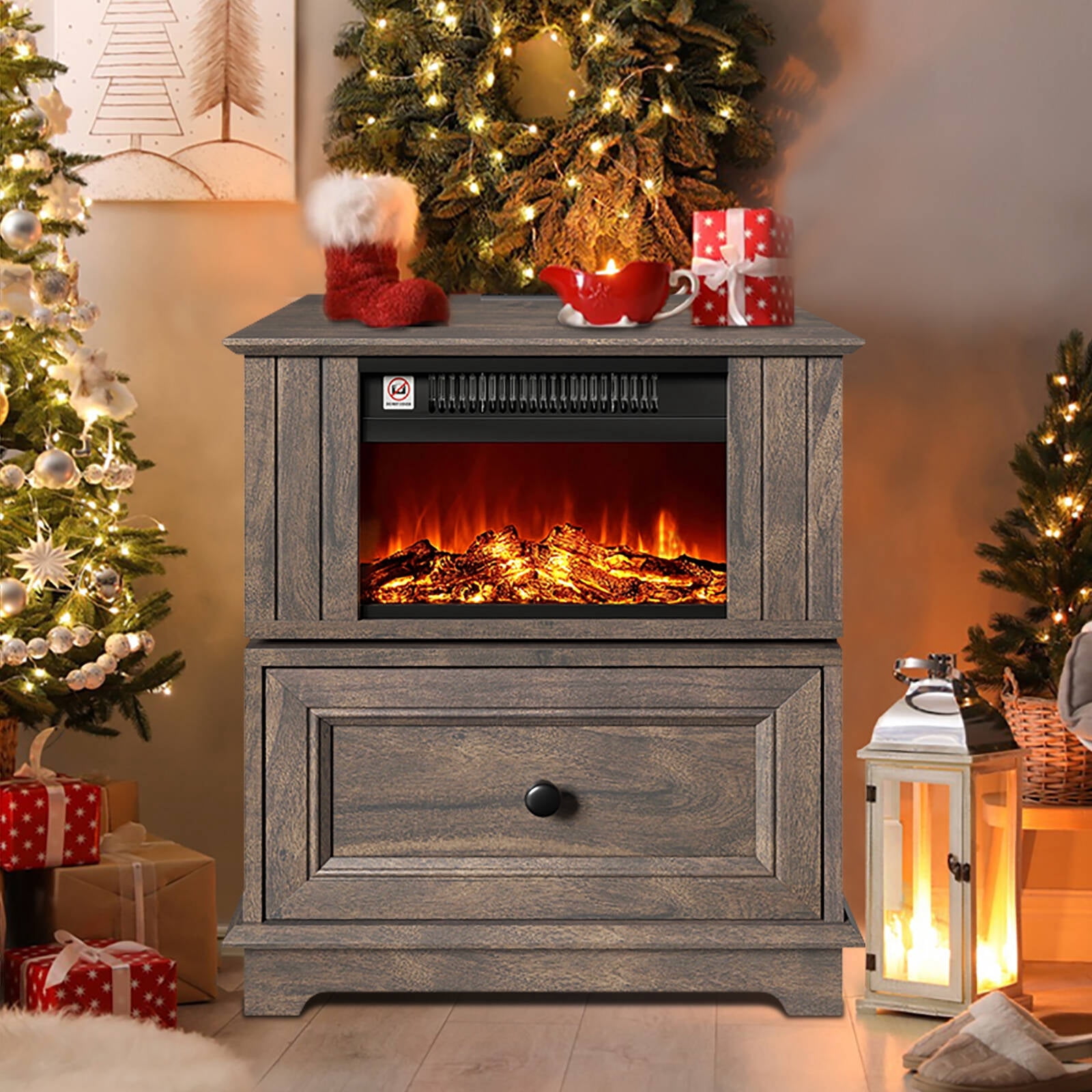FAGAGA 19.7" Fireplace End Table with Charging Station, Rotating Square Side Table with Storage, Nightstand with Electric Fireplace Heater for Bedroom Living Room | Brown