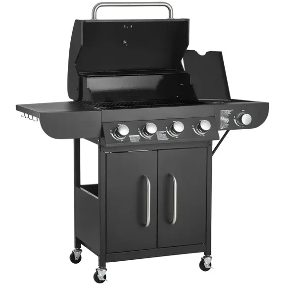 4 Burner Propane Gas Grill with Side Burner 425 SQ In Grilling Area 52000 BTU Outdoor BBQ Grill Carbon Steel Enamel Grates Two Side Shelves Patio Garden