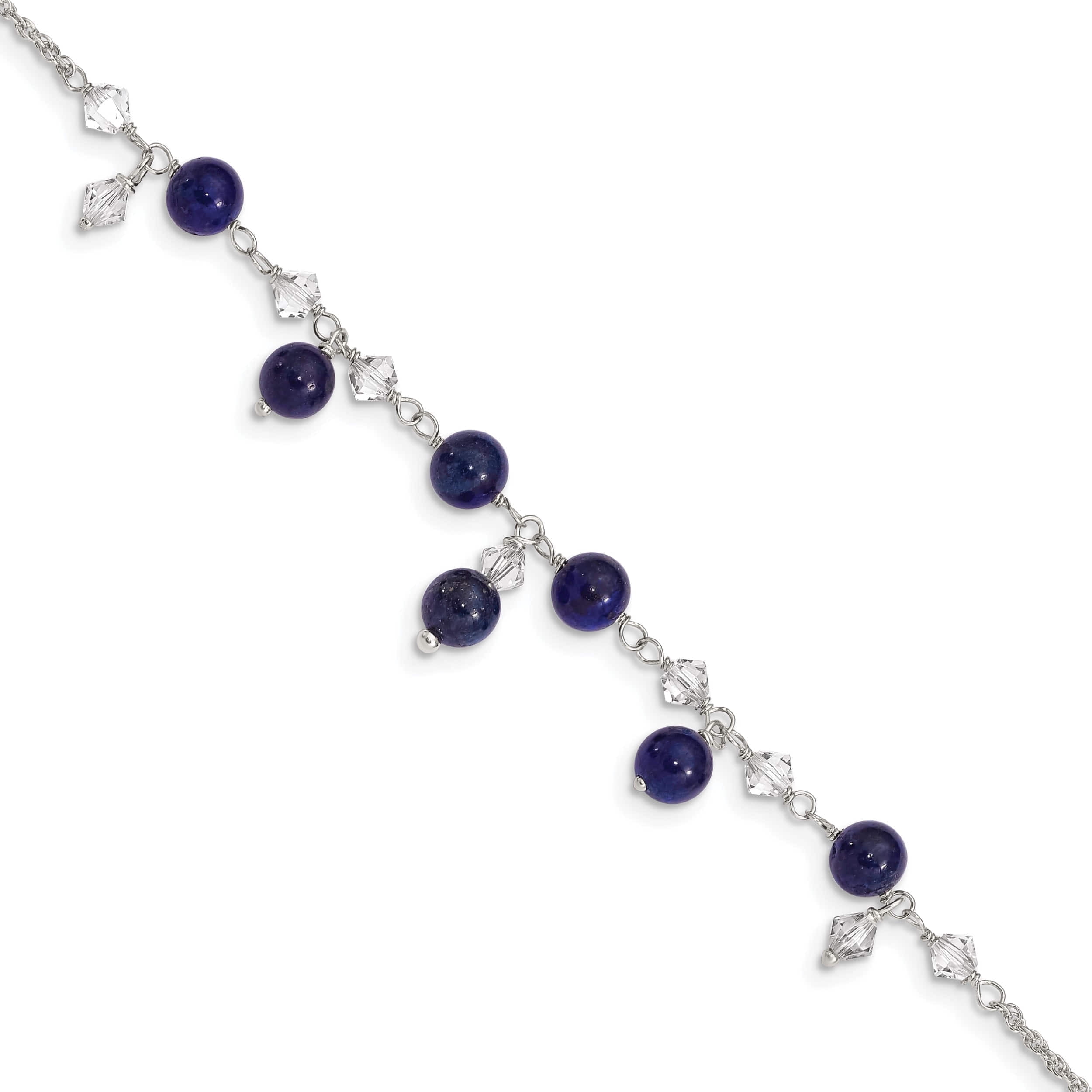 Sterling Silver 9 Inch Shadow Crystal & Lapis Anklet Made In Thailand qg1396-9