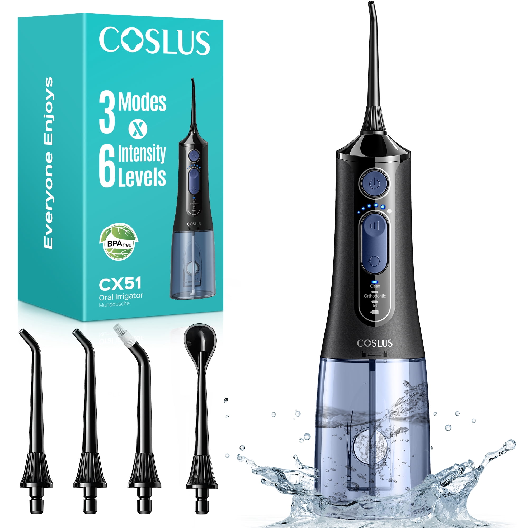 COSLUS CX51 Portable Water Flosser for Teeth,3 Modes 6 Intensity Professional Electric Water Dental Pick for Sensitive Gums, Braces for Travel Home
