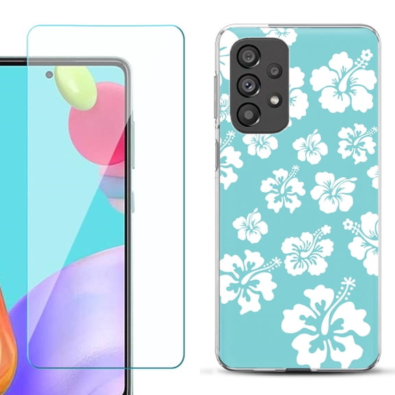 Slim-Fit Gel TPU Phone Case for Samsung Galaxy A33 5G, with Tempered Glass Screen Protector, by OneToughShield ® - Hibiscus Teal
