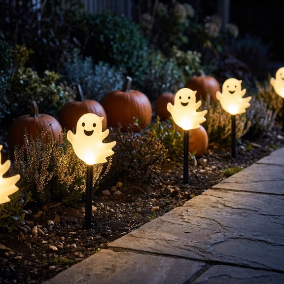 Halloween Lighted Ghost Pathway Stakes, Glowing Plastic Ghost Yard Decor with Warm White Lights, Outdoor Waterproof Halloween Lawn Ornaments for Walkway, Garden and Porch Display