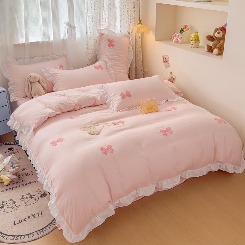 Ruffle Duvet Cover Twin Size 3 Pieces Pink Bow Duvet Cover Set Chic Textured Comforter Cover for All Season Cute Bedding Set with Zipper 2 Pillow Shams for Kids Girls Adult