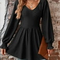 thumbnail image 3 of Camisas de manga larga para mujer, blusas casuales tipo túnica plisada, blusas con cuello en V, negras, M, L, XL, XXL, 3 of 5
