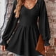 thumbnail image 3 of Camisas de manga larga para mujer, blusas casuales tipo túnica plisada, blusas con cuello en V, negras, M, L, XL, XXL, 3 of 5