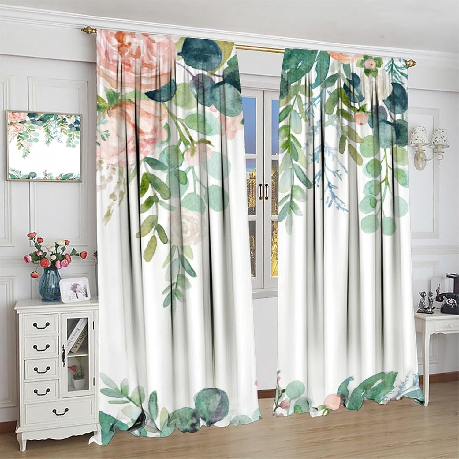 Floral Leaves Curtains Pink Flower Watercolor Leaves Nature Rustic Pattern Blackout Print Rod Pocket Window Drapes for Bedroom Living Room 42x54in