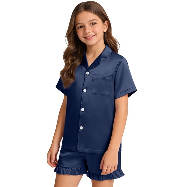 Akiihool For Girls Girls Pajamas Silk Satin Pajama Set 2 Piece Button Down Ruffle Sleepwear (Blue,13-14 Years)