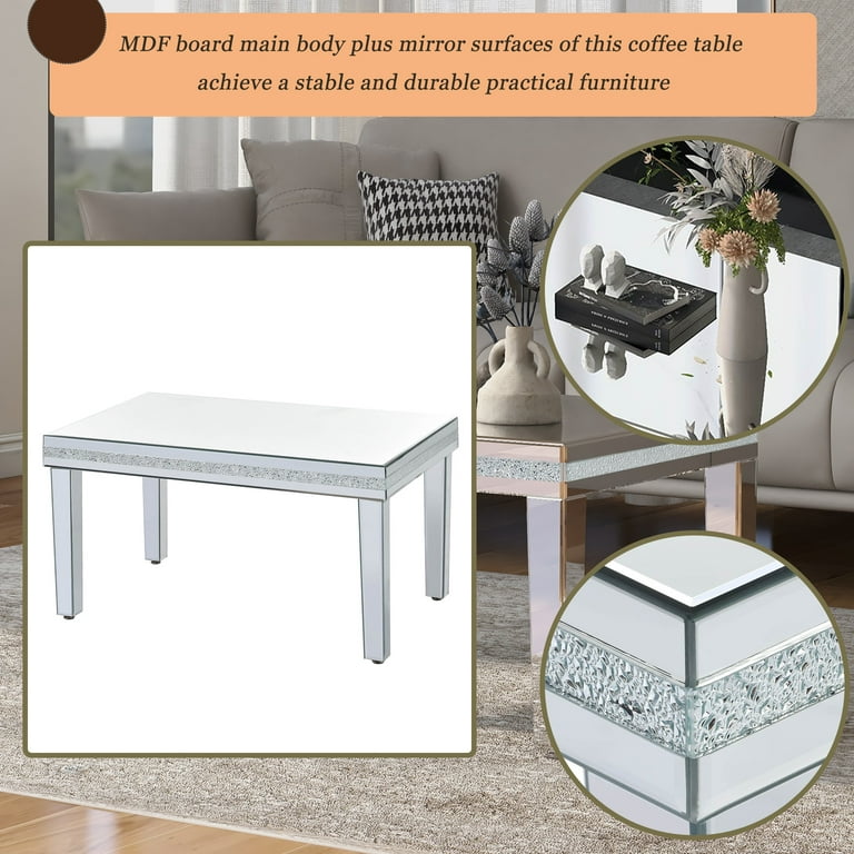 EUROCO 35.4 Mirrored Coffe Table with Adjustable Height Legs