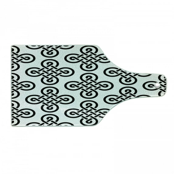 Celtic Cutting Board, Old-Fashion Irish Knot Motifs in Symmetric Regular Design European Culture Theme, Tempered Glass Cutting and Serving Board, Wine Bottle Shape, Black White, by Ambesonne