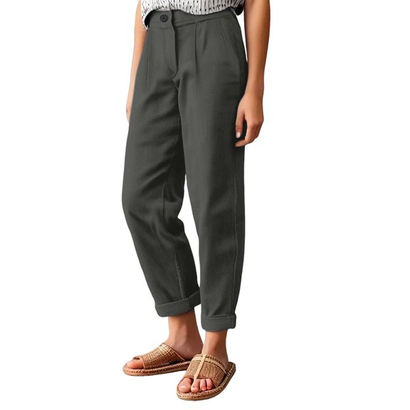 Yanyanz Womens Pants Dressy Casual, Women'S Pants, Women's Cotton And Linen Loose Solid Color Elastic Waist Pocket Zipper Straight Leg Casual Pants, Wide Leg Pants Women Dark Gray 2XL