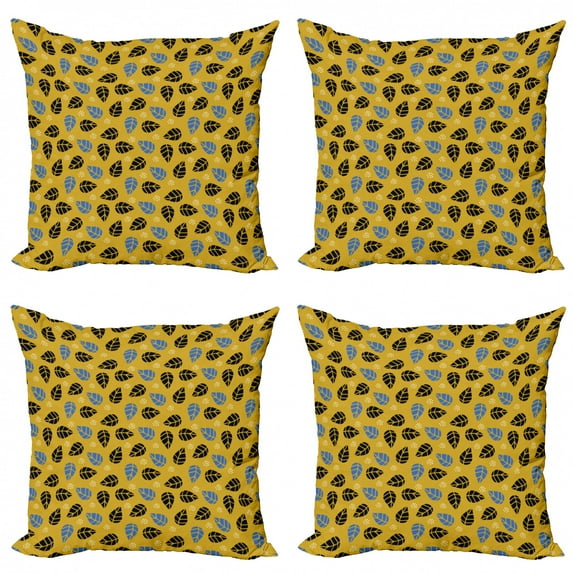 Leaves Throw Pillow Cushion Case Pack of 4, Leaf Silhouettes on Earthy Background Fallen Leaves of Fall Season, Modern Accent Double-Sided Print, 4 Sizes, Earth Yellow Black, by Ambesonne
