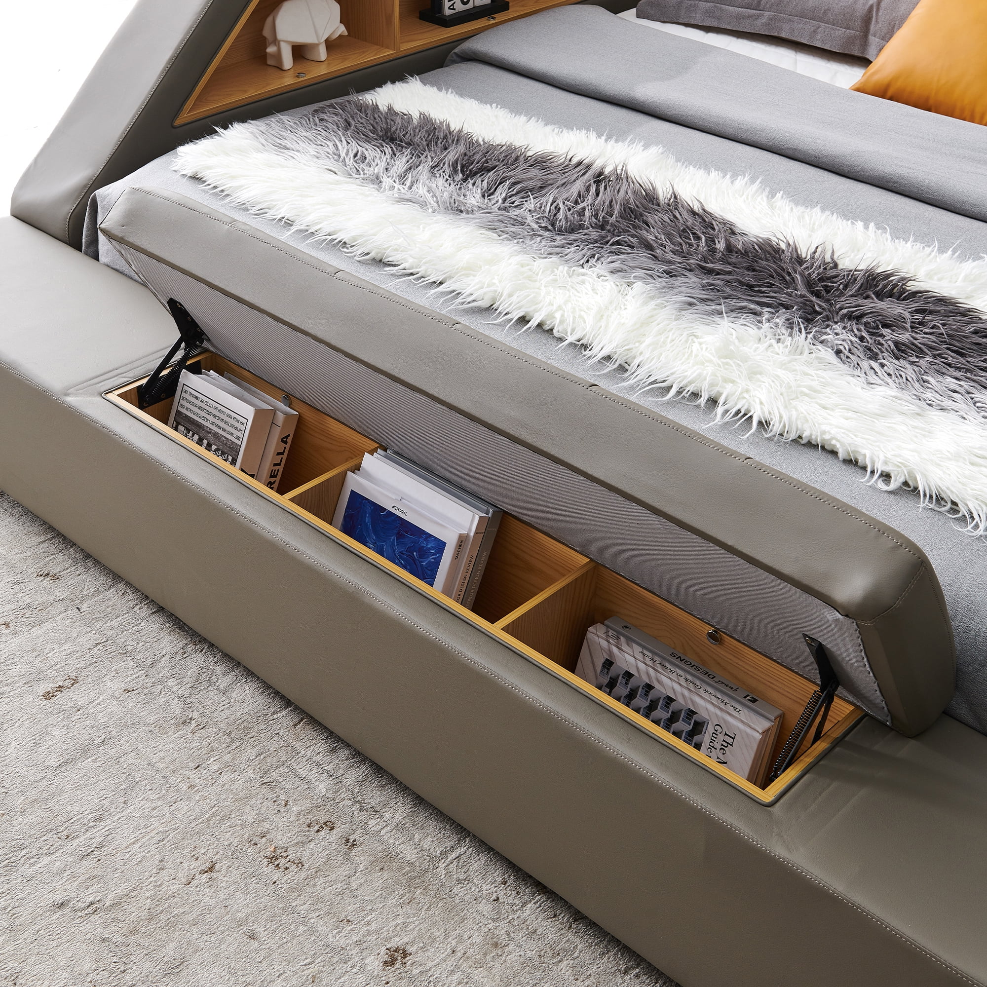 Queen Size Multifunctional Bed Frame, Upholstered Storage Platform with Right-Side Massage Recliner, Music Speaker, USB Charging Station
