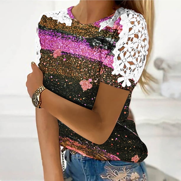 Puntoco Liquidación de blusas cortas para mujer, blusas con cuello redondo y manga corta con estampado para mujer
